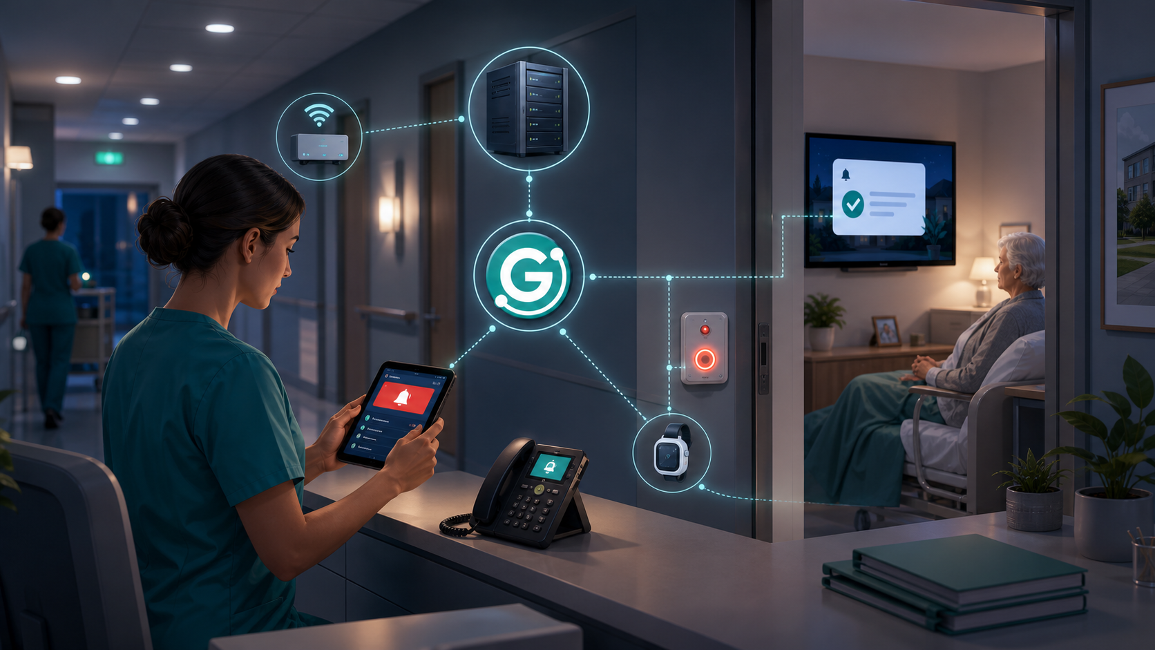 Infirmière recevant une notification d'appel connecté